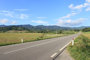 En route vide part en point de fuite vers la droite, aufond les montagnes et devant un champ vert jaune