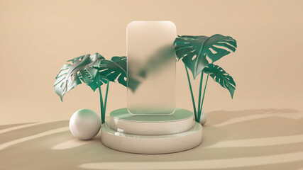 Frosted glass frame of a phone template application on podium. 3D Illustration