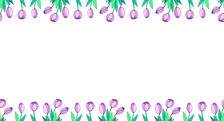 Spring flowers. Frame from pink tulips. Vector doodle hand drawn isolated. Horizontal top and bottom edging, border, decoration for greeting card, invitation, Valentine's, Women's or Mother day