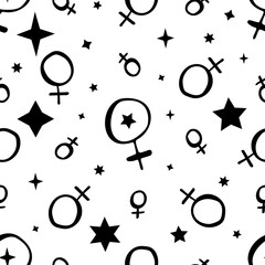 Seamless monochrome pattern with doodle style black ink planet venus signs and stars. On white background. Stock vector illustration.