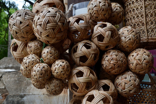 Chinlone or Takraw (traditional rattan ball) hanging in a bunch at traditional market in Bagan, Myanmar. It is one of the most popular sport in South East Asia.