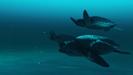 Closeup view of tortoises swimming in the deep blue ocean water, slow motion underwater scene of tortoises, Beauty of sea life , 4K High Quality.3D render.