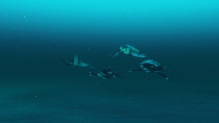Obraz na płótnie Canvas Group of tortoises swimming in the deep blue ocean water, slow motion underwater scene of tortoises, Beauty of sea life , 4K High Quality.3D render.