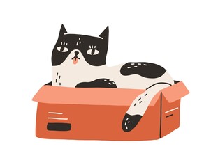Cute and funny cat lying inside cardboard box with tongue out isolated on white background. Adorable spotted black and white kitty sitting in carton. Hand drawn colored flat vector illustration © Good Studio