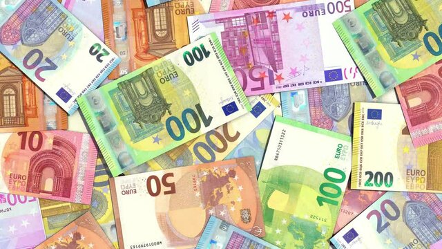Viele Euro-Banknoten in der Draufsicht drehen sich in Endlosschleife. 