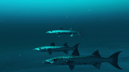 Closeup of Three Barracuda fishes swimming in the deep blue ocean water, underwater scene of barracuda fishes, Beauty of sea life , 4K High Quality.
