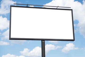 Fototapeta premium Billboard communication in city on sky clouds. promotion sign