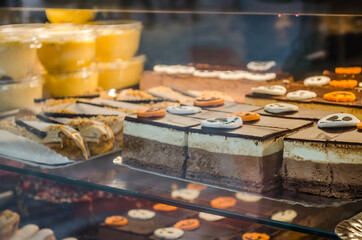 Confectionery cakes on display in the shopping center of Timisoara, Romania 