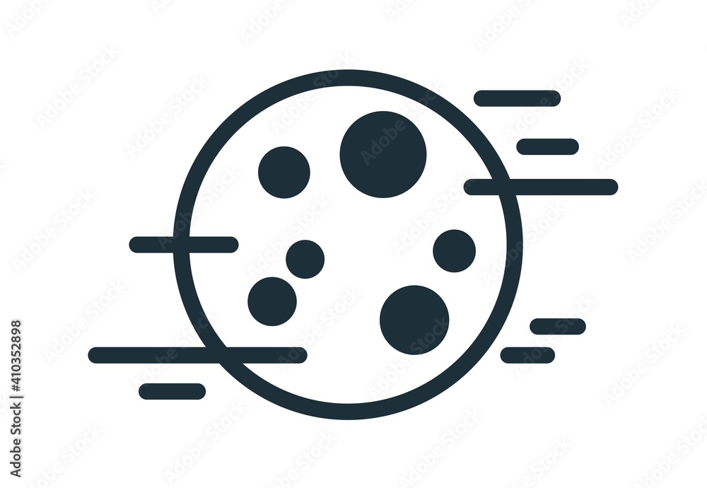Poster Simple weather icon with full moon with craters in foggy sky. Symbol of fog at night time in line art style. Linear flat vector illustration isolated on white background