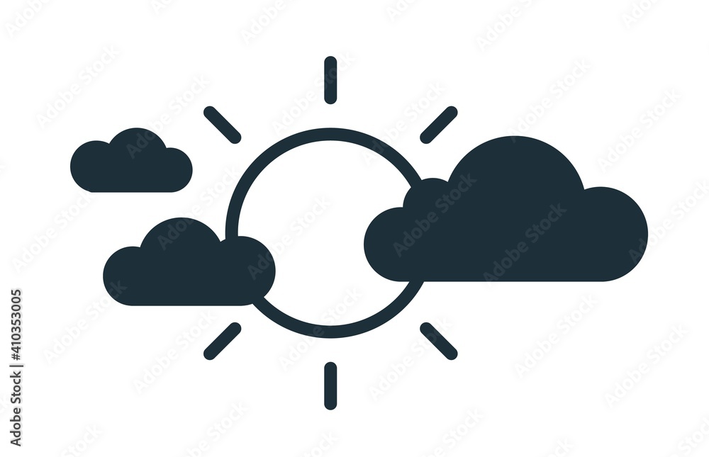Poster simple icon in line art style with glowing sun covered by black clouds. partly sunny weather forecas