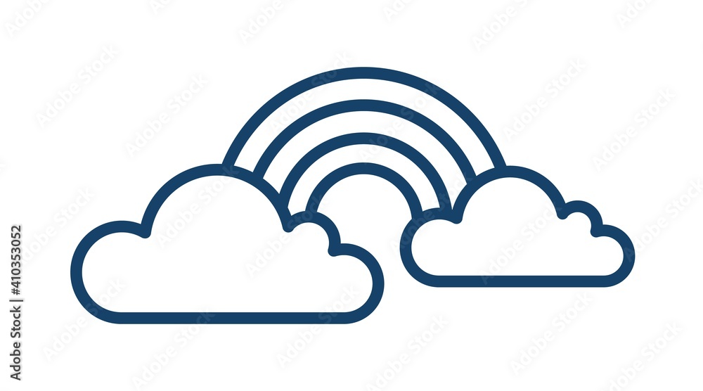 Poster Simple weather icon with rainbow between two clouds. Contoured monochrome arc in line art style. Meteorology sign. Graphic linear flat vector illustration isolated on white background