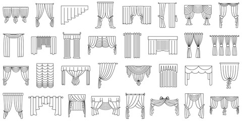 Curtains for window, doorway, theater stage. Set of vector icons in outline style isolated on white. Various curtain options for narrow and wide windows. - obrazy, fototapety, plakaty