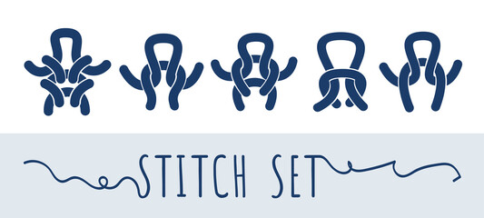Knitting and needlework loops icon set isolated vector illustration in line style. Yarn and knitting needle loops symbols. Outline knitting loops sign collection on white background.