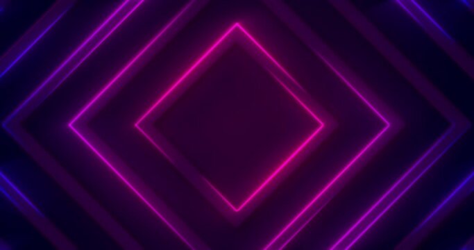 3d render blue pink dynamic neon diamond frame. Fluorescent futuristic hi-tech motion background. Seamless loop purple LED square animation. Blinking corridor ultraviolet light. Disco 80's retro style