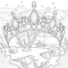 Crown in the ocean.Coloring book antistress for children and adults. Illustration isolated on white background.Zen-tangle style. Black and white drawing