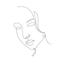 Vector Minimalistic Linear Face, Drawing Tempate, Drawn by One Line Face Isolated on White Background.
