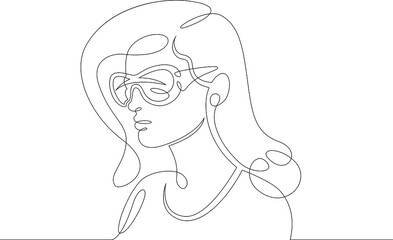 Female character wearing augmented reality glasses. Gaming industry and geolocation. Mobile technology.One continuous drawing line  logo single hand drawn art doodle isolated minimal illustration.