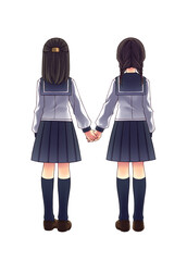 Two girls in sailor uniforms holding hands.