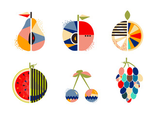 Collection of abstract geometric summer fruit vector illustration. Set of tasty delicious ripe juicy tropical fruit, whole and sliced - pear, apple, lemon, watermelon, cherry, grapes. Swimwear print.