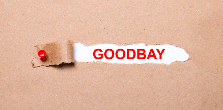 Beneath the torn strip of kraft paper attached with a red button is a white paper labeled GOODBAY