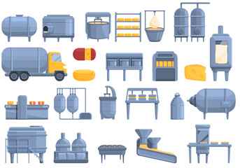 Cheese production icons set. Cartoon set of cheese production vector icons for web design