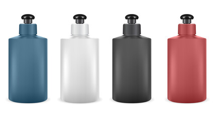 Shampoo bottle. Vector lotion package blank design isolated on white background. Shower gel plastic container mock up. Hair cream bottle pack. Woman beauty wash packaging template