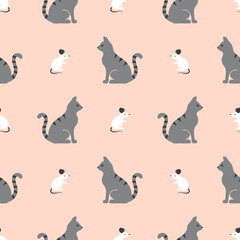 Seamless vector pattern with cute cartoon cats and mice.