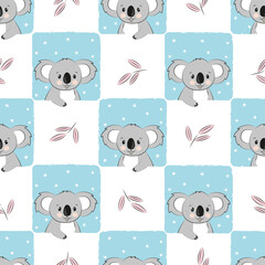 Seamless checked pattern with cute cartoon koala bear. Baby print. © Afanasia