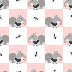 Seamless checked pattern with cute cartoon anteater. Baby print.