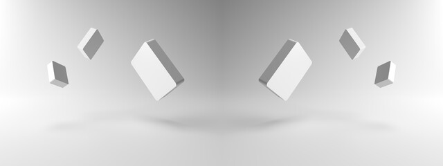 3D rendering of Minimal abstract scene with Square objects floating on many white backgrounds. Independent floating Square object, Isolated on white background. Display product, illustration.