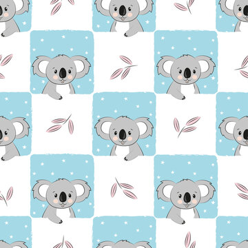 Seamless checked pattern with cute cartoon koala bear. Baby print.