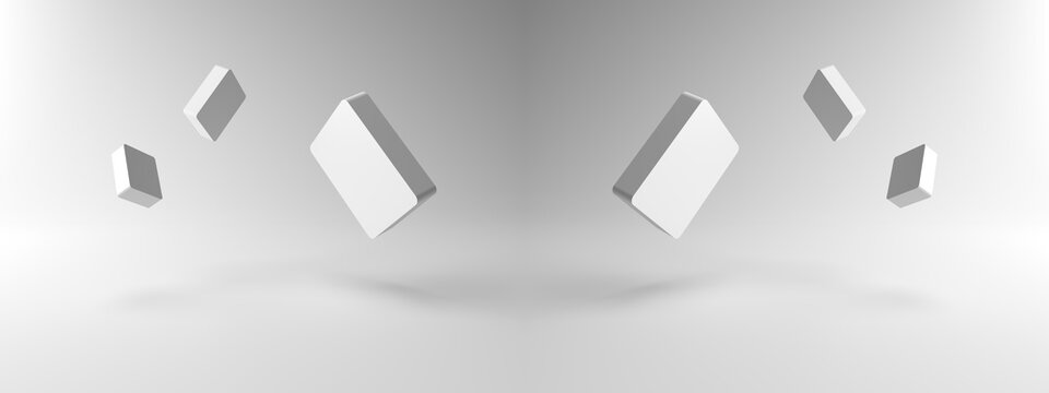 3D rendering of Minimal abstract scene with Square objects floating on many white backgrounds. Independent floating Square object, Isolated on white background. Display product, illustration.