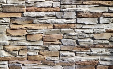 Wall cladding for exterior made of irregular and embossed natural stones  with different sizes. Colors are white and light brown. Background and texture