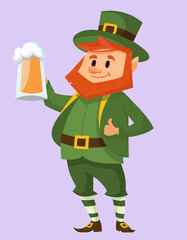 Leprechaun holding mug of beer. Fairy tale character in cartoon style.