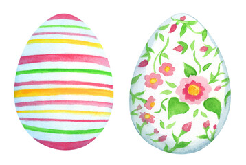 Set of Easter eggs isolated on white background. Hand drawn watercolor easter eggs elements. Decorative, colorful, floral egg illustrations for Easter holiday projects.