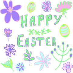 vector set of happy easter with flowers and herbs pastel colors