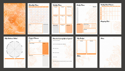 Vector planner pages templates. Daily, weekly, monthly, project, budjet and meal planners. Peach orange shade floral design.