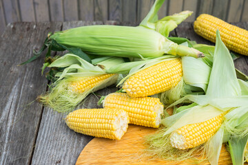 Fresh Corn on wooden table