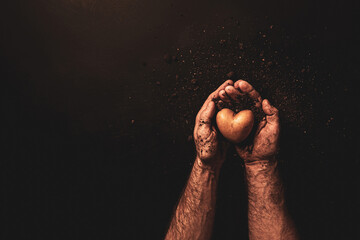 Natural heart shape potato and soil in farmer’s hands on black background