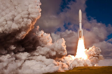 The launch of the space shuttle. With fire and smoke. Elements of this image were furnished by NASA