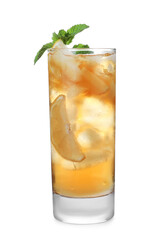 Delicious iced tea in glass on white background