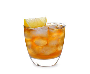 Delicious iced tea in glass on white background