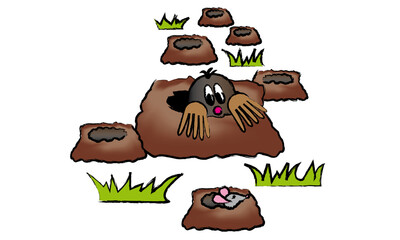 Maulwurf und Maus schauen aus dem Hügel Tier Illustration