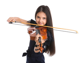 Preteen girl playing violin on white background