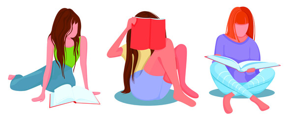 Obraz premium Three stylish girls reading books and looking at magazines, isolated on white background. Illustration in a modern style with literature lovers. Vector illustration