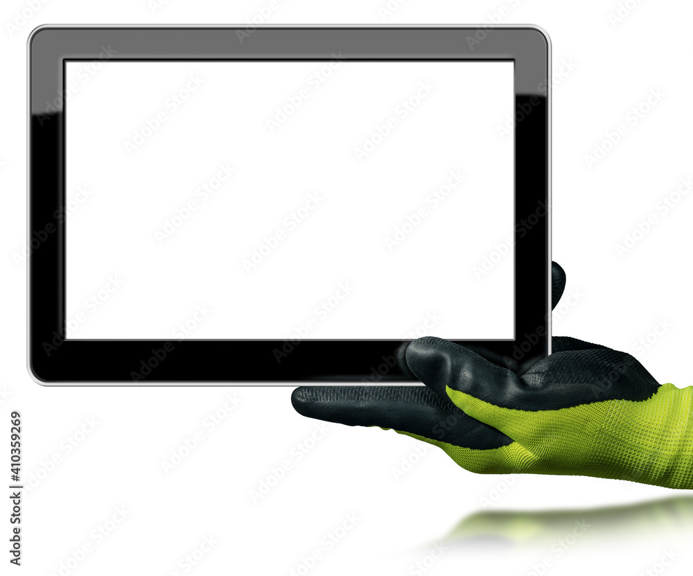 Poster one hand with a protective work glove holds a blank digital tablet computer, isolated on white backg
