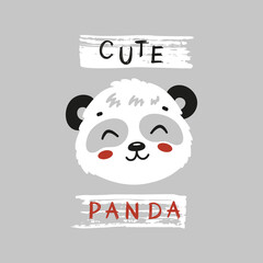 Cute Panda Face. Funny Panda Bear Head for Tee Print Design for Kids. Chinese or Bamboo Bear. Vector Cartoon Little Baby Animal. Scandinavian Card, Print or Poster Design
