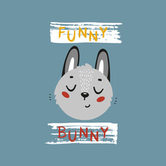 Gray Hare. Funny Bunny Head for Tee Print Design for Kids. Cute Easter Rabbit Face. Vector Cartoon Little Baby Animal. Scandinavian Card, Print or Poster Design
