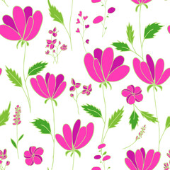 Bright floral pattern. Seamless background. Hand drawn modern illustration of large flower heads with pink leaves on solid color. Cloth, web, attachment, stationery design