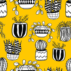 Houseplants in pots. Beautiful hand drawn vector seamless pattern. Home decor and gardening. Floristic concept. Indoor botany. Elements of modern design. Home flowers.
